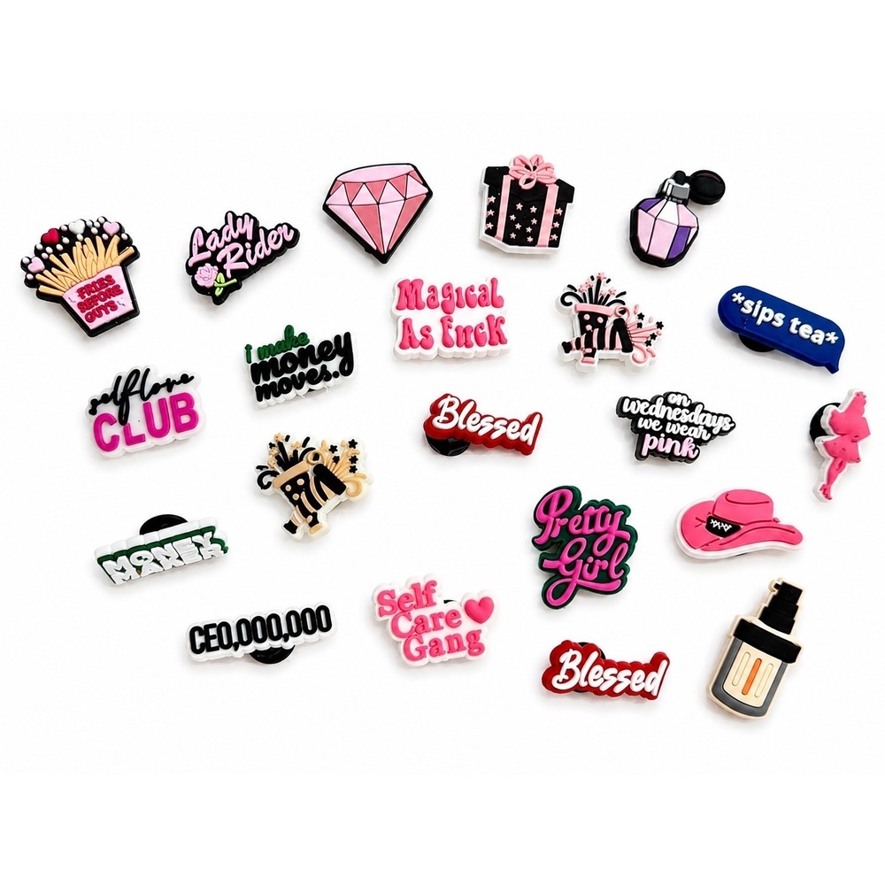 21-Piece Girly Shoe Charms Lot Pink Boss Babe Money Self Care Cowgirl Jibbitz